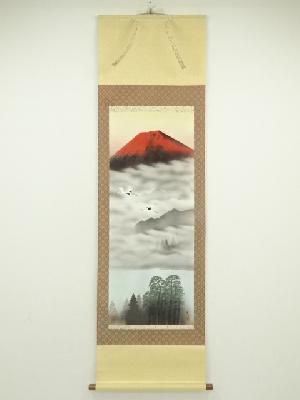 JAPANESE HANGING SCROLL / HAND PAINTED / RED FUJI / ARTIST WORK